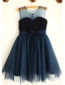 Navy Blue\Ivory  Chiffon Tulle Knee Length Flower Girl Dress